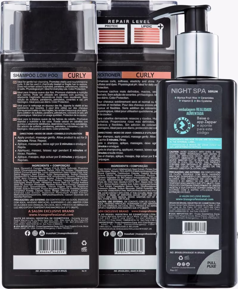 Kit Truss Curly - Shampoo Low-Poo 300ml + Condicionador 300ml + Leave-In Night Spa 250ml