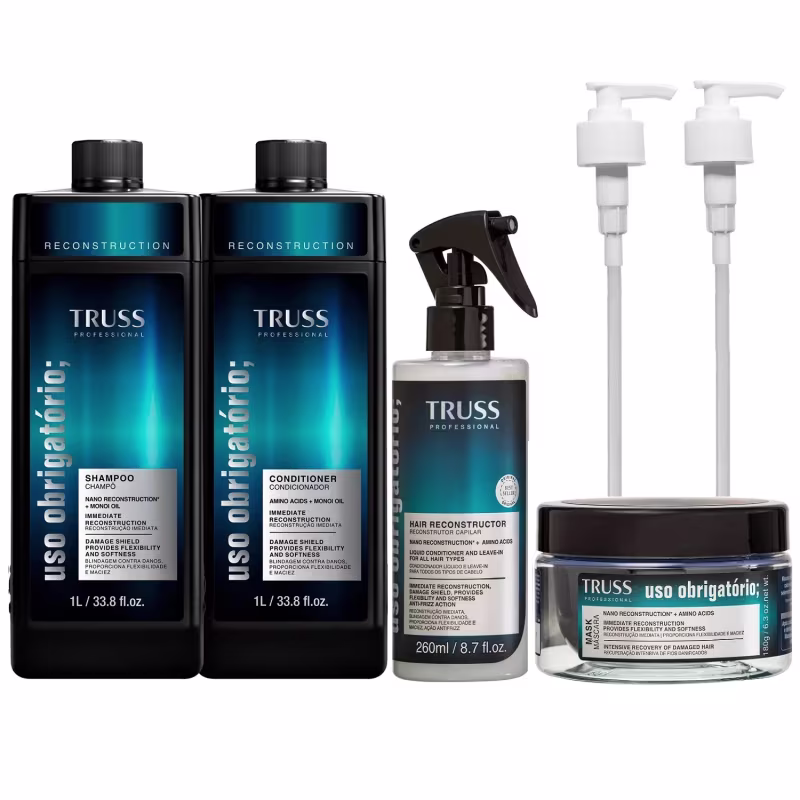 Conjunto de produtos de reconstrução capilar da marca TRUSS, incluindo shampoo, condicionador, spray reconstrutor e máscara, em embalagens pretas e azuis com rótulos e textos em destaque.