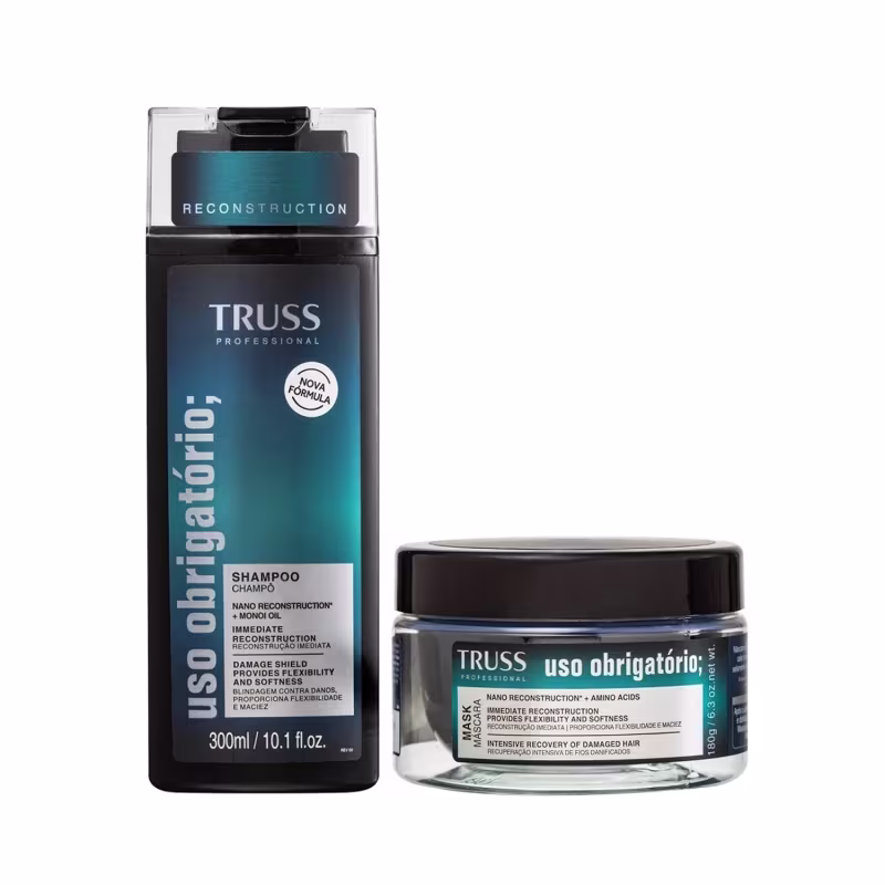 Dois produtos da marca TRUSS: um frasco de shampoo de 300ml com rótulo azul e um pote de máscara de reconstrução com rótulo preto, ambos com textos e informações sobre suas propriedades.
