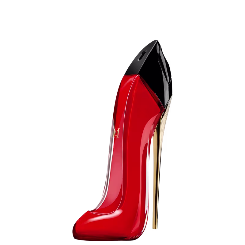Perfume feminino em frasco de vidro vermelho brilhante com formato de salto alto. O design elegante e ousado é característico da marca de moda e fragrâncias Carolina Herrera.