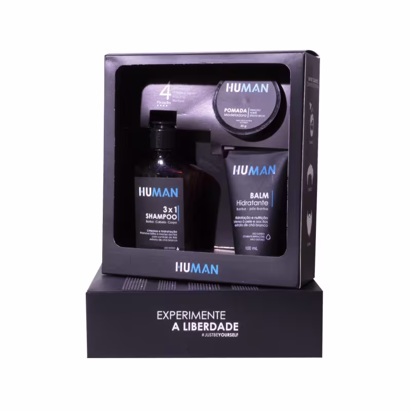 Caixa preta com 3 produtos, shampoo, balm hidratante e pomada modeladora. Todos em embalagem preta com detalhes azuis.