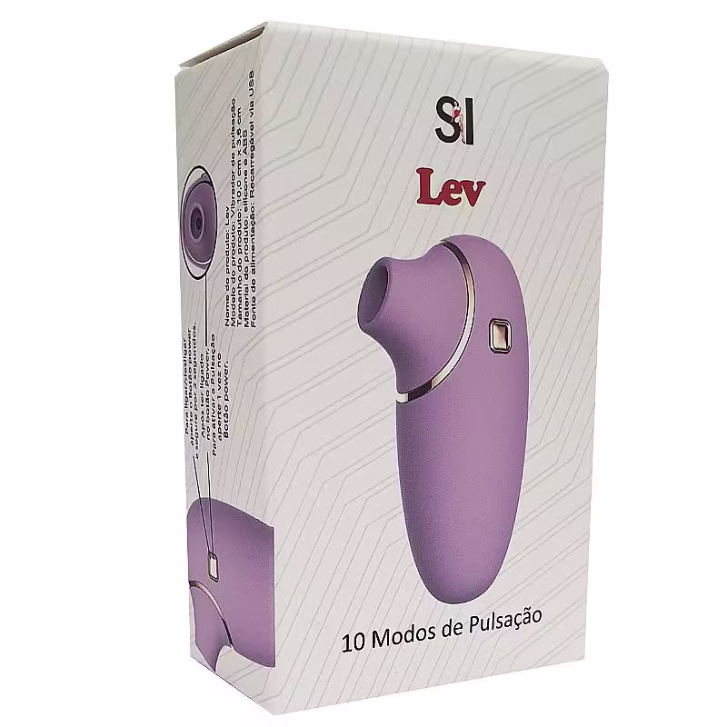 Caixa branca e roxa contendo um vibrador de silicone roxo com 10 modos de pulsação, da marca Sexy Import.