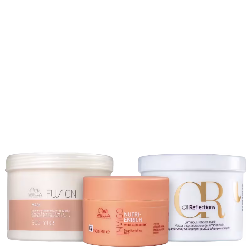 Três produtos da marca Wella Professionals: uma máscara Fusion em embalagem branca, um tratamento Nutri-Enrich com goji berry em embalagem laranja, e uma máscara Oil Reflections em embalagem branca e dourada.
