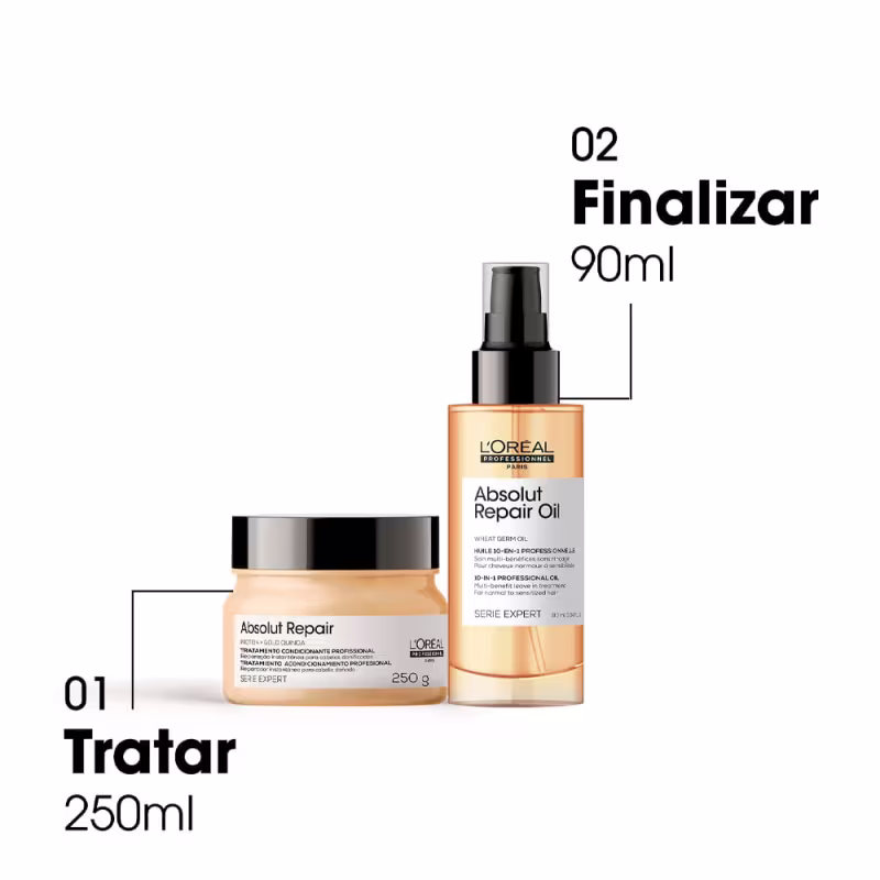 A imagem mostra dois produtos de tratamento capilar da linha Absolut Repair da L'Oréal Professionnel.