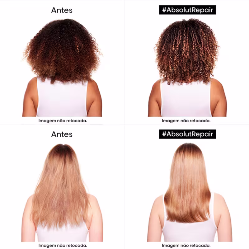 Esta imagem apresenta antes e depois de um tratamento capilar chamado #AbsolutRepair, provavelmente um produto de linha profissional da L'Oréal.