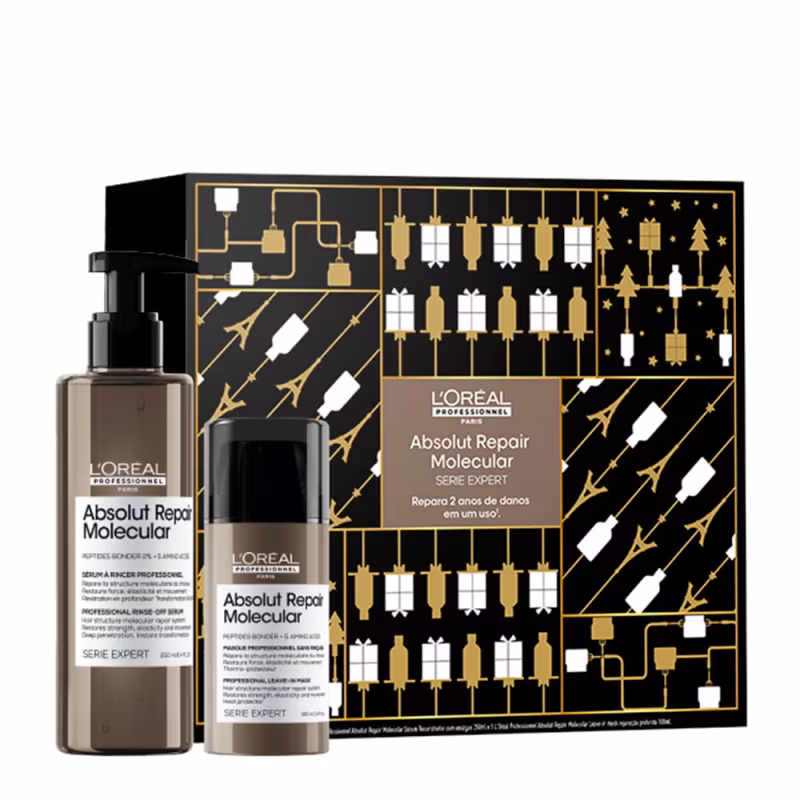 A imagem mostra um kit com o sérum, o leave-in e uma caixa ao lado.