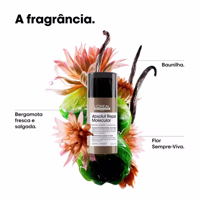 A imagem mostra o leave-in no centro, com elementos que compõem sua fragrância como bergamota, baunilha e flor sempre viva.