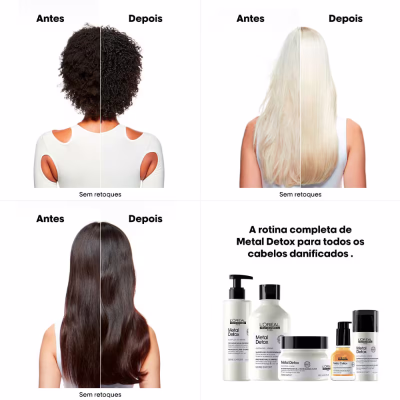 A imagem também exibe antes e depois de três modelos com diferentes tipos de cabelo após o uso da linha Metal Detox.