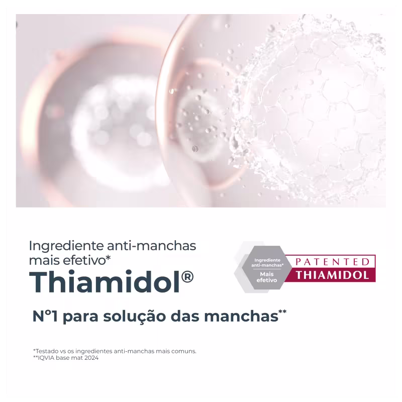 Embalagem de produto de perfumaria com ingrediente anti-manchas patenteado chamado Thiamidol, apresentado como solução efetiva para manchas na pele.