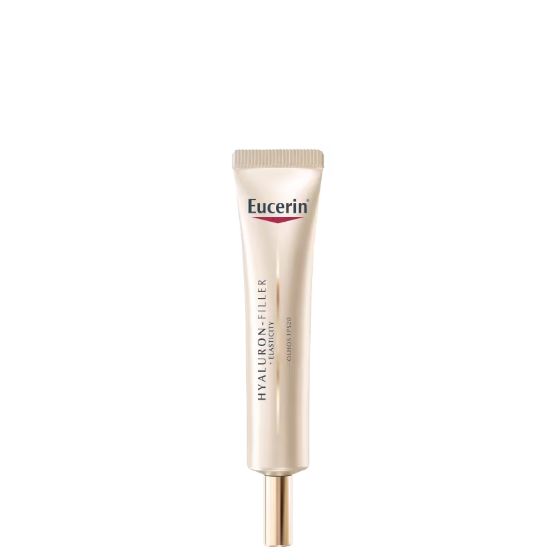 Bisnaga de item de perfumaria da marca Eucerin, com rótulo em tons de azul e vermelho, contendo texto "Hyaluron-Filler" e "Olhos Pró".