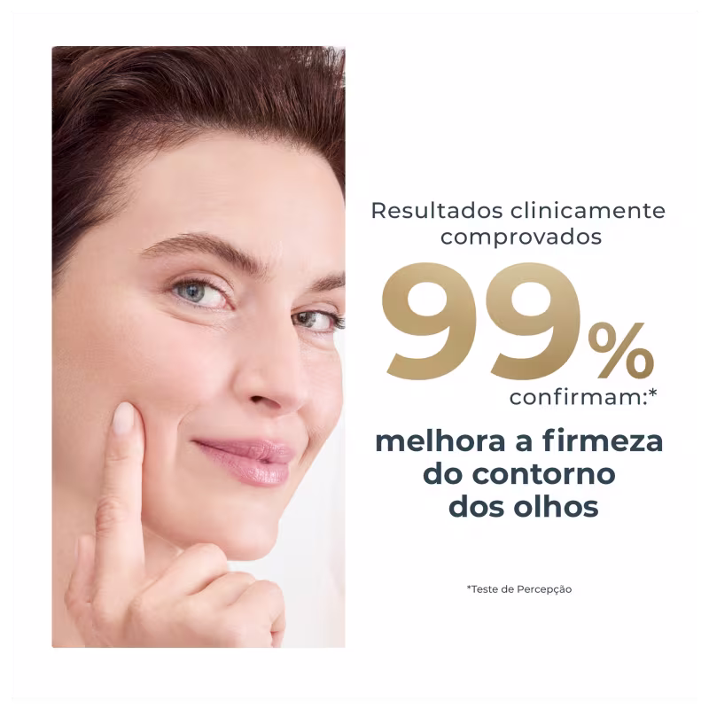 Uma mulher madura com cabelos castanhos e olhar sereno, com texto informando "Resultados clinicamente comprovados 99% confirmam: melhora a firmeza do contorno dos olhos".