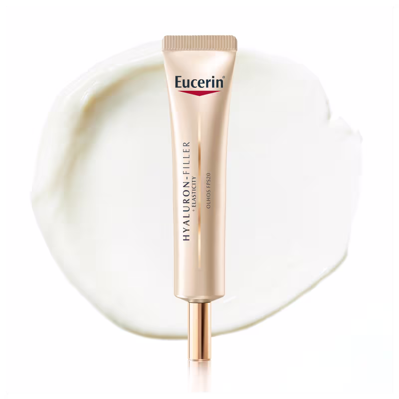 Tubo de item de perfumaria da marca Eucerin com textura cremosa, brilhante e translúcida, posicionado sobre superfície branca.