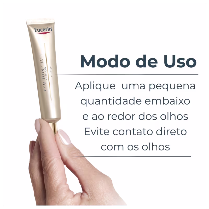 Tubo de creme da marca Eucerin com texto "Modo de Uso" e instruções sobre como aplicar o produto cuidadosamente em torno dos olhos, evitando contato direto.
