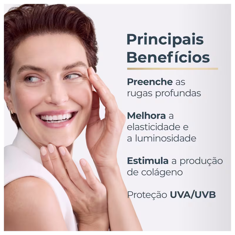 Mulher sorridente com pele radiante, texto "Principais Benefícios: Preenche as rugas profundas, Melhora a elasticidade e a luminosidade, Estimula a produção de colágeno, Proteção UVA/UVB".
