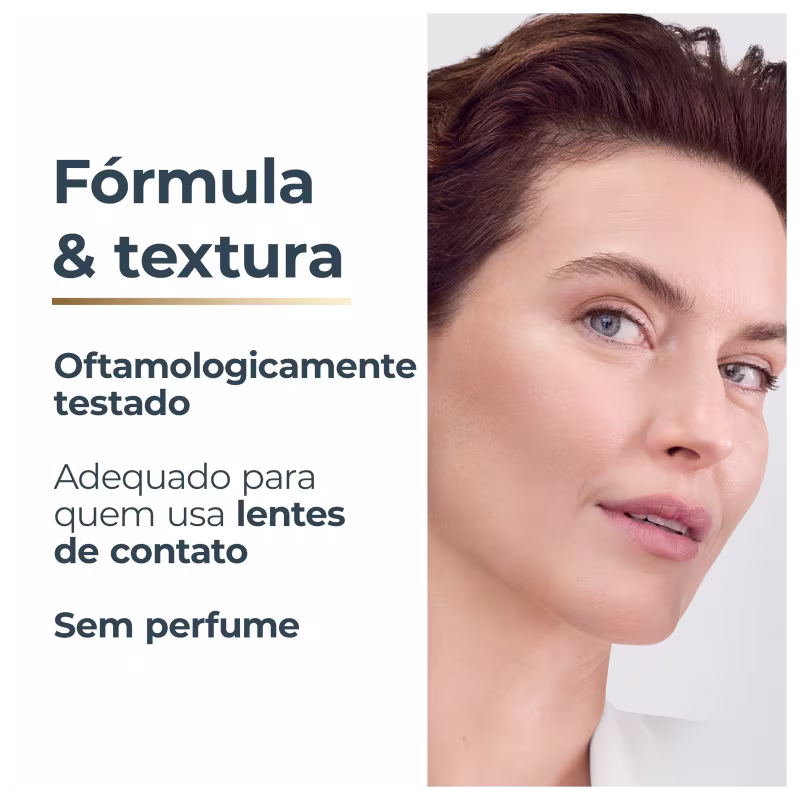 Embalagem de item de perfumaria com fórmula e textura testadas oftalmologicamente, adequada para usuários de lentes de contato, sem perfume.