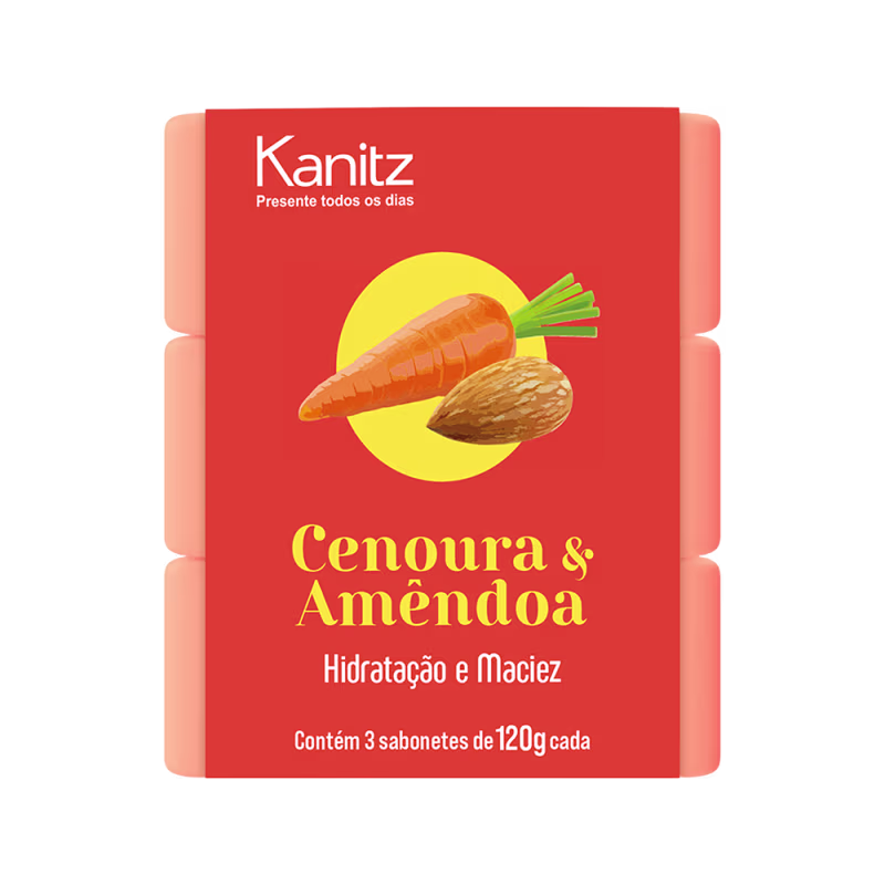 Caixa laranja com logotipo Kanitz contendo 3 sabonetes de 120g cada, com imagem de cenoura e amendoim, indicando hidratação e maciez.