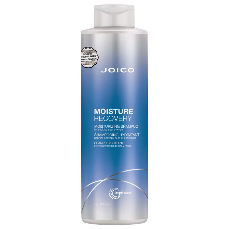 Frasco de shampoo Joico Moisture Recovery, com embalagem em tons de azul e branco, contendo 1 litro do produto.