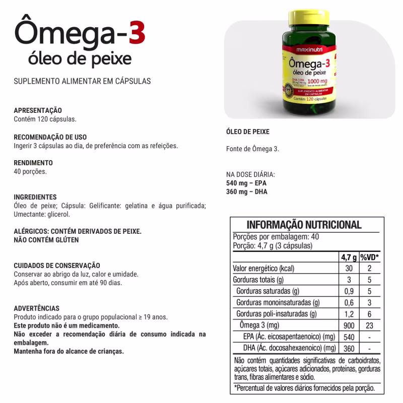 Kit 02 Omega 3 Óleo de Peixe 1000mg Maxinutri 120 Capsulas