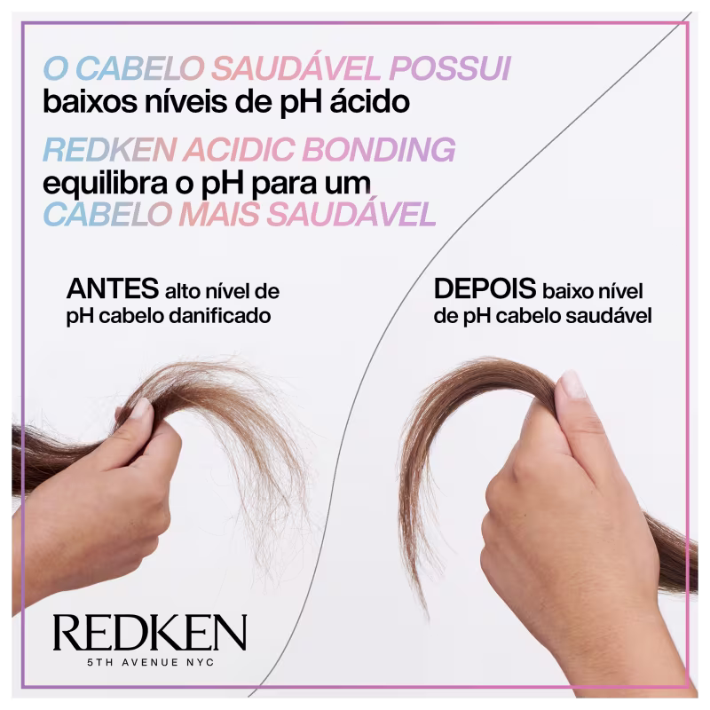 A imagem mostra duas mechas de cabelo sendo seguradas por mãos, uma com cabelo danificado e outra com cabelo saudável. O texto explica que o produto "Redken Acidic Bonding" equilibra o pH do cabelo, deixando-o mais saudável.