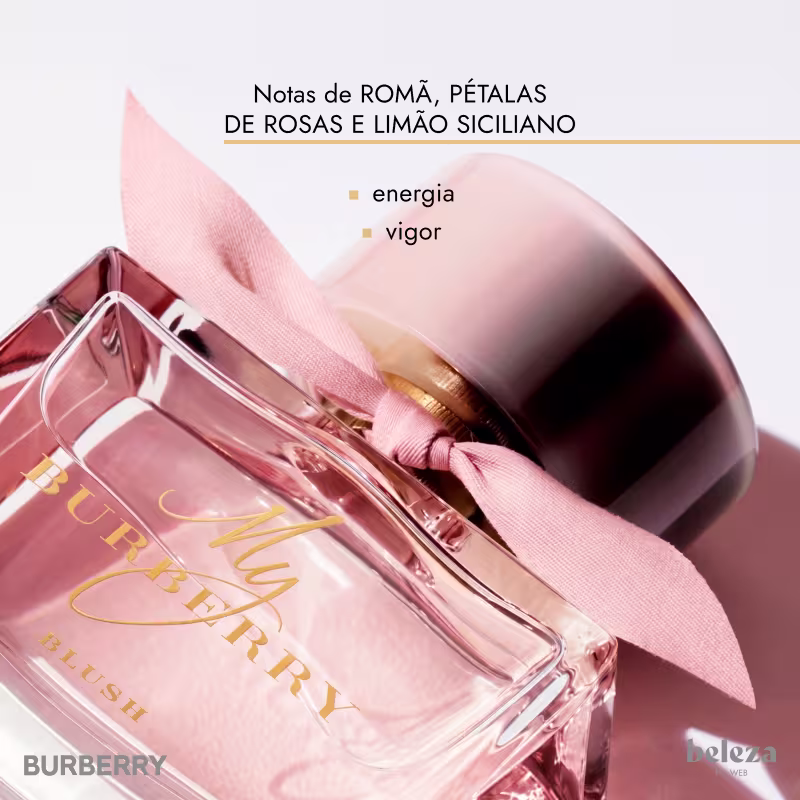 Embalagem de item de perfumaria da marca Burberry com notas de romã, pétalas de rosas e limão siciliano, indicando energia e vigor.