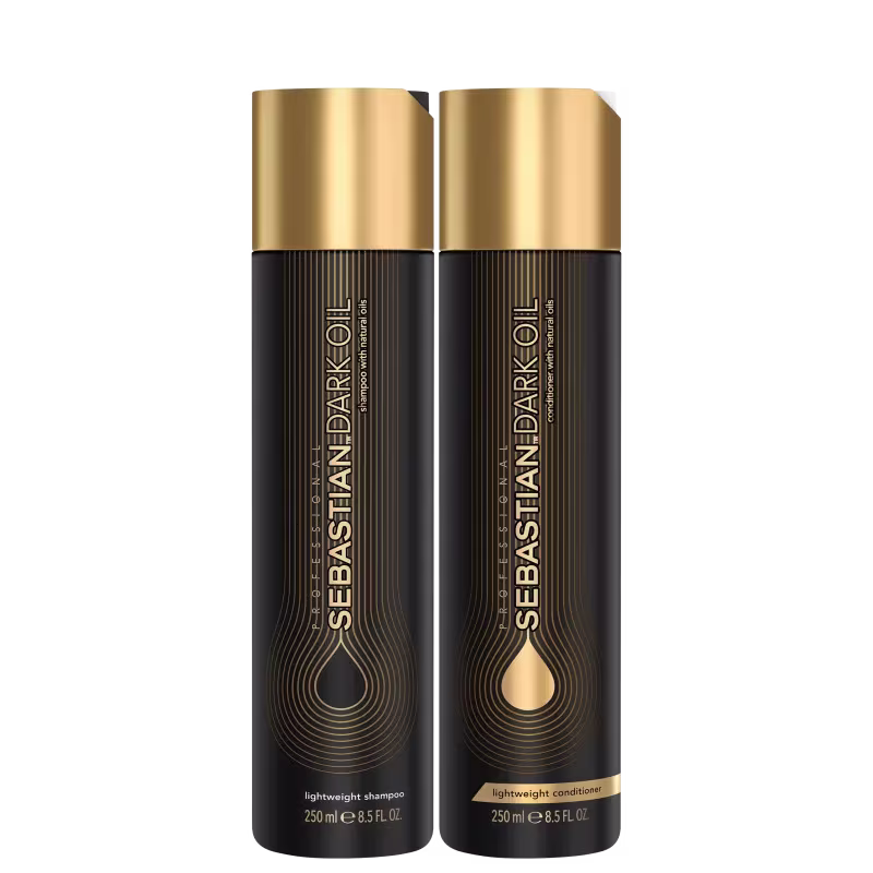 Dois frascos de produtos de beleza da marca Sebastian Professional, com embalagem preta e dourada, contendo shampoo e condicionador leves. Os rótulos exibem o nome da marca em destaque.