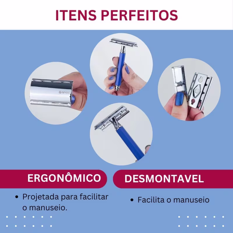 Kit NYBC Beauty Aparelho de Barbear Aço Inox + Cabo Azul Sexteto, 6 unidades.