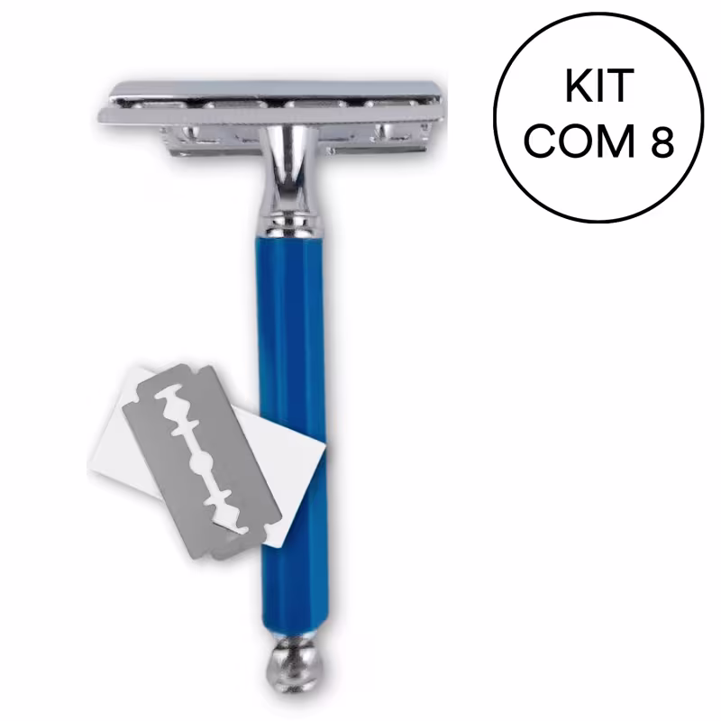 Kit NYBC Beauty Aparelho de Barbear Aço Inox + Cabo Azul, 8 unidades.