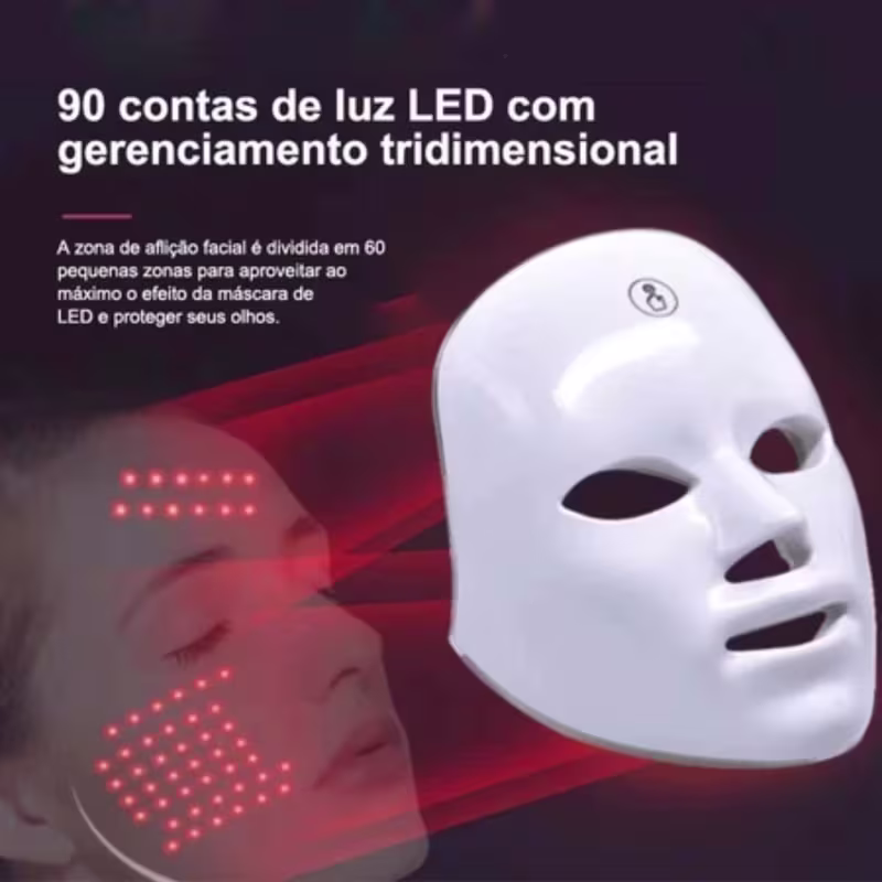 Máscara Facial LED Clareia a Pele, Controla Acne Reduz Poros
