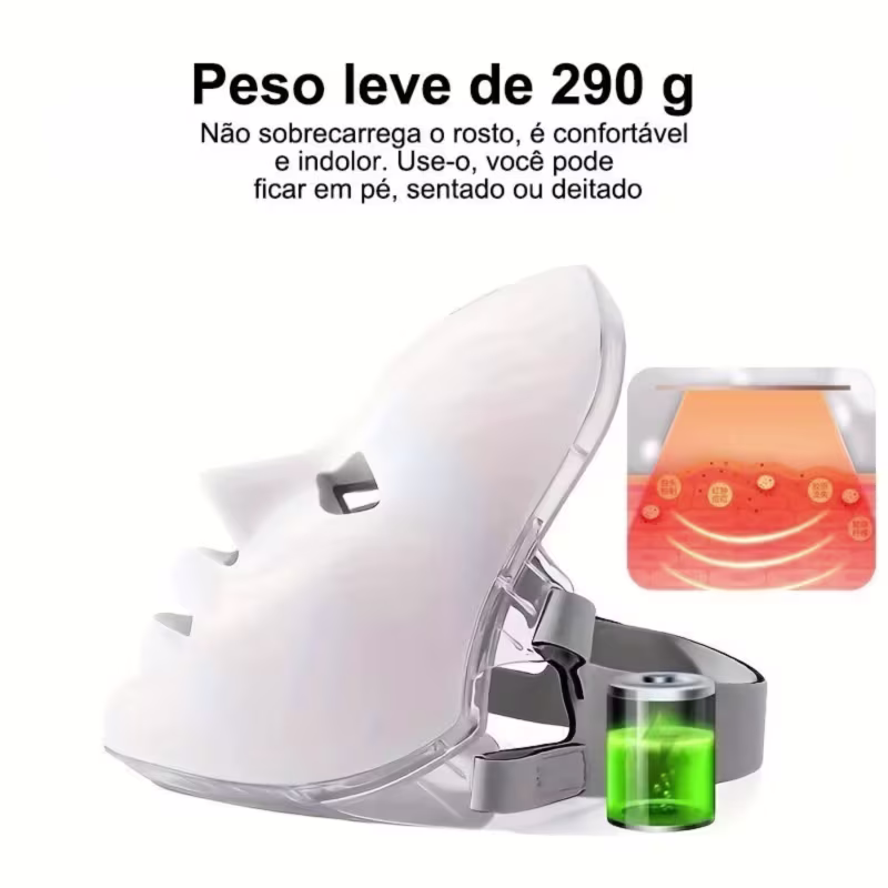 Máscara Facial LED Clareia a Pele, Controla Acne Reduz Poros
