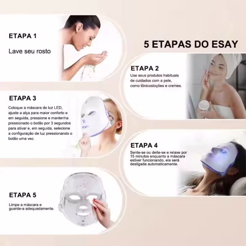 Máscara Facial LED Clareia a Pele, Controla Acne Reduz Poros