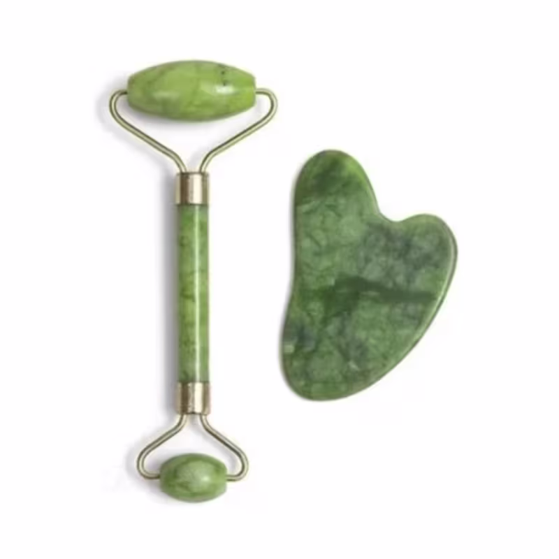 Rolinho Massageador  Jade + Placa Gua Sha p/ Drenagem Facial