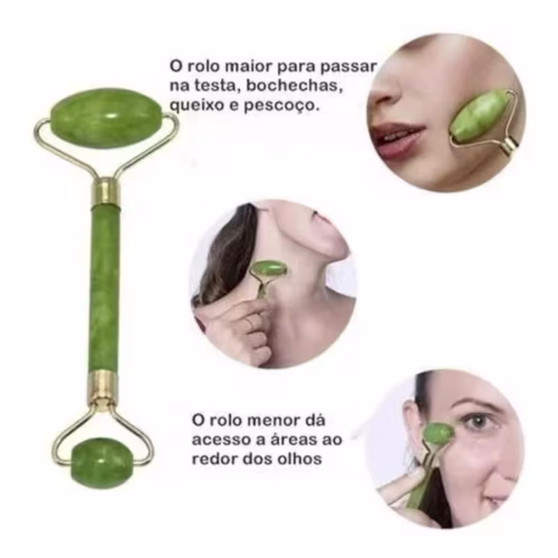 Rolinho Massageador  Jade + Placa Gua Sha p/ Drenagem Facial