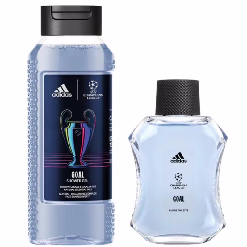 Conjunto de produtos de beleza da marca Adidas, incluindo um frasco de gel de banho e um frasco de perfume. Ambos os produtos apresentam o design da Champions League, com cores azul e preto predominantes e o logotipo da marca.