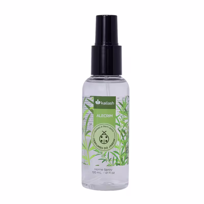 O produto é um spray para uso doméstico da marca Kailash, com 120 mL de volume. A embalagem é um frasco transparente com um rótulo verde e branco, exibindo o nome "Alecrim" e o logotipo da marca.