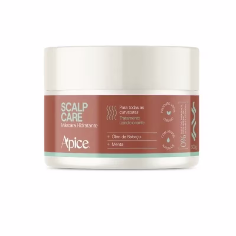Máscara hidratante para o couro cabeludo da marca Apice Cosméticos, em embalagem branca e laranja, contendo informações sobre os ingredientes e benefícios do produto, como óleo de babaçu e menta.