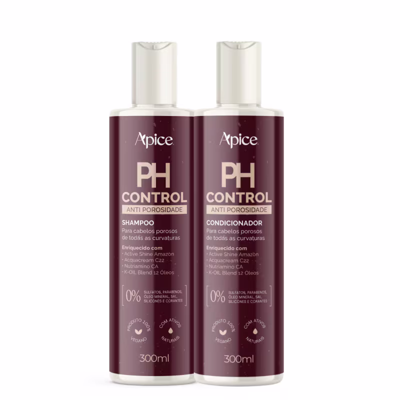 Dois frascos de 300ml da linha Ph Control da Apice Cosméticos, um shampoo e um condicionador anti porosidade para cabelos porosos, com embalagens de cor vinho e rótulos com informações sobre os ingredientes e benefícios do produto.