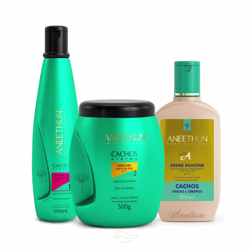 Aneethun Cachos System Shampoo, Máscara e Creme de Silicone