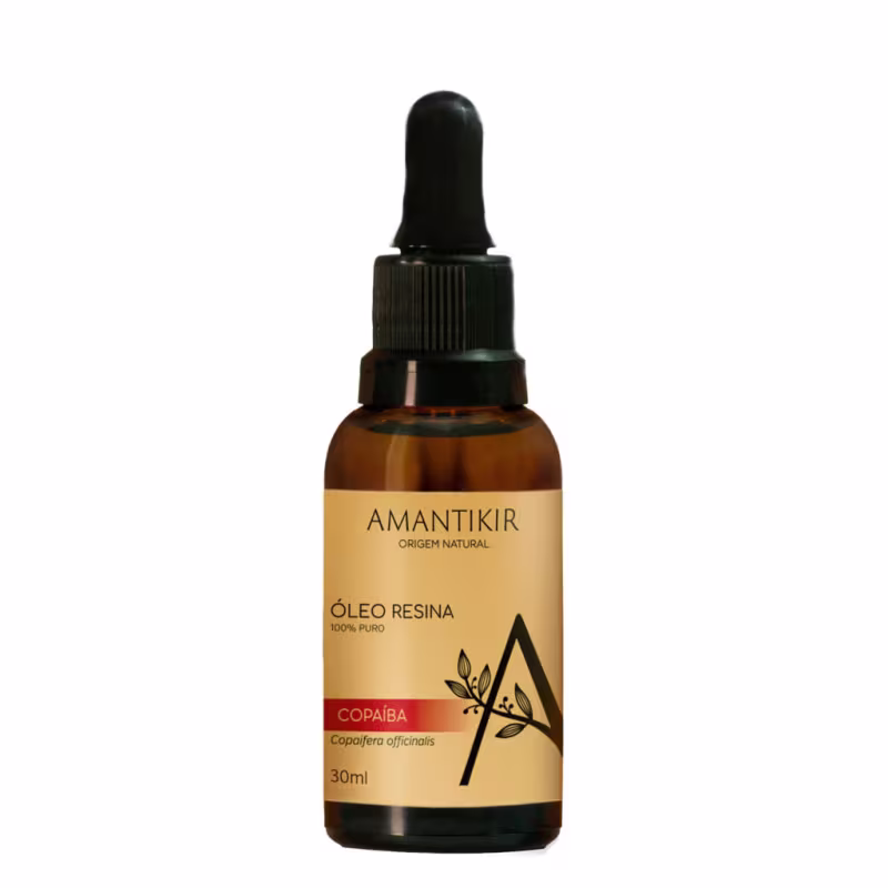 A imagem mostra um vidro escuro de 30ml de óleo resina com rótulo de cor parda e tampa preta com conta-gotas.