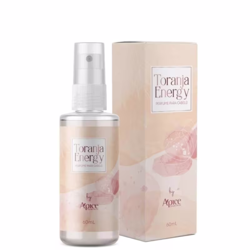 Perfume para cabelo da marca Apice Cosméticos, chamado Toranja Energy. O frasco é transparente e possui um borrifador, com um rótulo branco e rosa. A embalagem é uma caixa de papelão bege, com o nome do produto e a marca impressos em letras brancas.