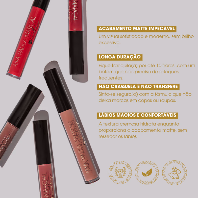 O texto destaca as características do produto, como acabamento matte impecável, longa duração, não craquela e não transfere, além de proporcionar lábios macios e confortáveis.