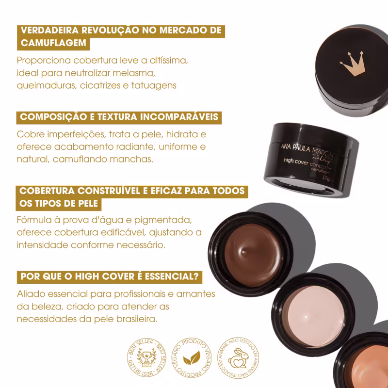 O texto destaca o produto proporciona "cobertura construível" e é ideal para neutralizar manchas, queimaduras, cicatrizes e tatuagens.