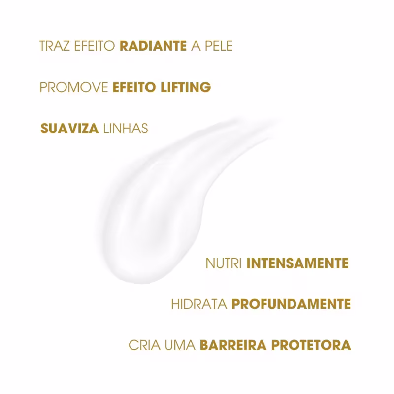 Texto: "Traz efeito radiante à pele", "Promove efeito lifting", "Suaviza linhas" e "Hidrata profundamente".
