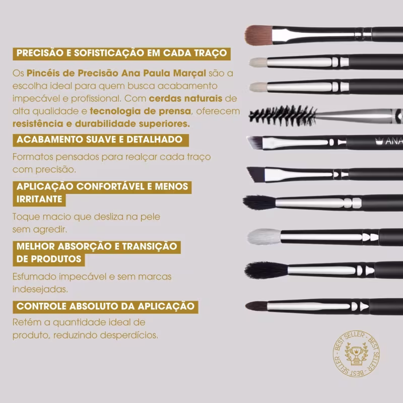 A imagem apresenta uma variedade de pincéis de maquiagem da marca APMarcal Collection. Texto destaca: precisão e sofisticação em cada traço; acabamento suave e detalhado; aplicação confortável. melhor absorção de produtos; controle absoluto da aplicação