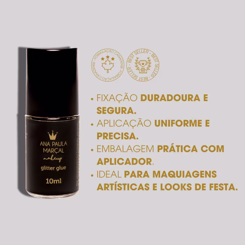 Texto destaca informações sobre o produto: fixação duradoura e segura, aplicação uniforme e precisa, embalagem prática com aplicador, ideal para maquiagens artísticas e looks de festa.