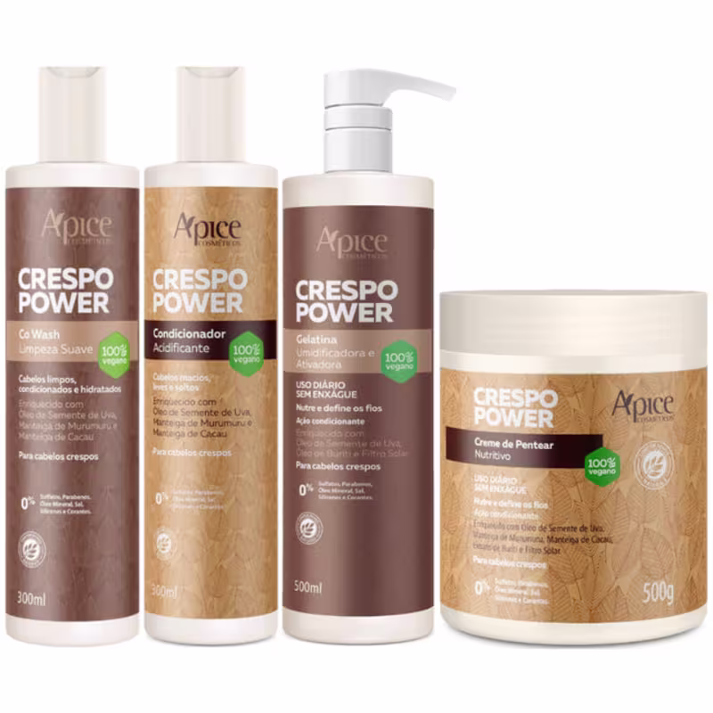 Kit Apse Crespo Power Co Wash + Condicionador + Gelatina + Creme De Pentear Grande Cabelo Vegano	