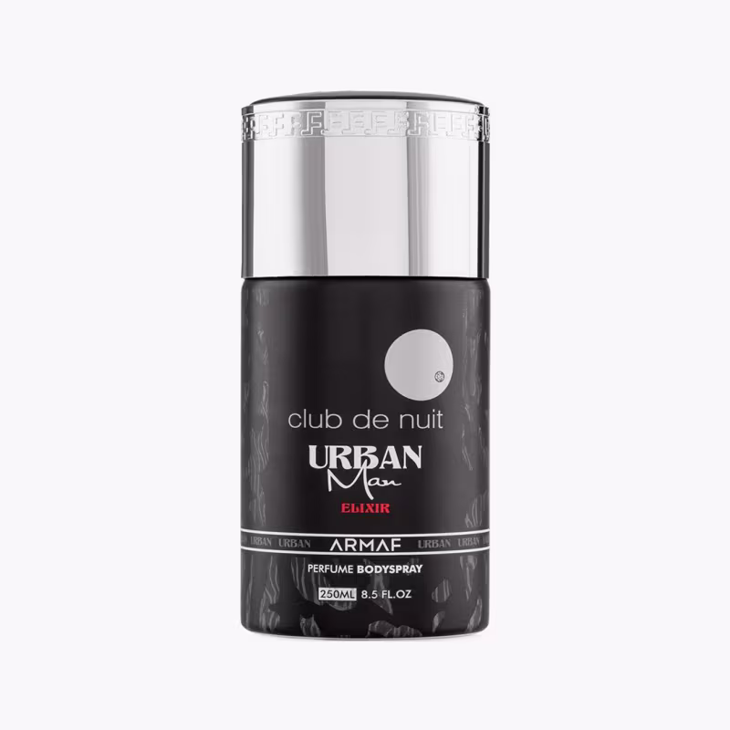 Frasco de perfume corporal da marca Armaf, com design elegante em preto e prata. Rótulo exibe o nome "Club de Nuit Urban Man Elixir" e informações sobre o produto. Embalagem cilíndrica com tampa transparente.
