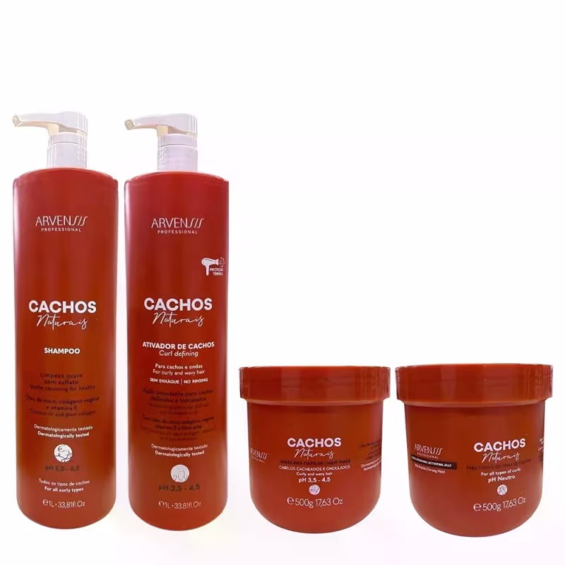 Kit Arvensis Professional Cachos Naturais - Shampoo 1L + Ativador De Cachos 1L + Máscara 500g + Geleia Alta Fixação 500g