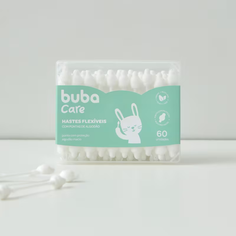 Hastes Flexíveis Baby 60un Buba Care Pontas de algodão Macio