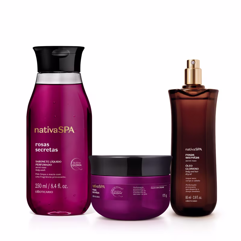 Produtos da linha Nativa SPA Rosas Secretas: sabonete líquido perfumado, creme corporal e óleo seco para corpo e cabelo, em embalagens de vidro e plástico com predominância da cor roxa.