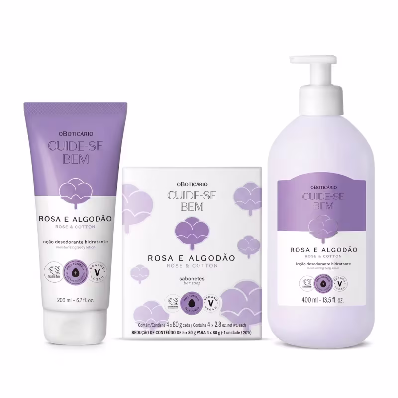 Combo Cuide-se Bem Rosa e Algodão: Sabonete 5x80g + Loção Corporal 200ml + Loção Corporal 400ml